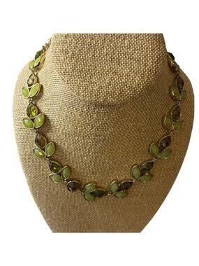 Anne Klein Gold Tone Leaf Collar Statement Necklace Green Smoky Topaz Glass